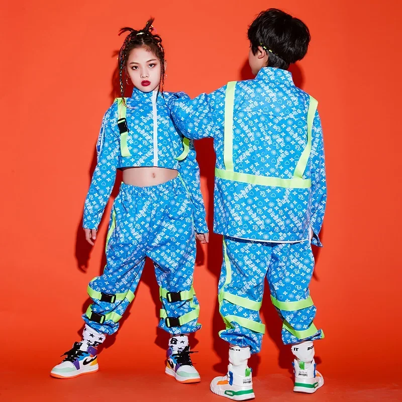 Ropa de baile callejero para niños, traje de escenario de espectáculo, disfraz de Hip hop para niñas, Tops de baile de Jazz, pantalones, conjunto azul Suelto