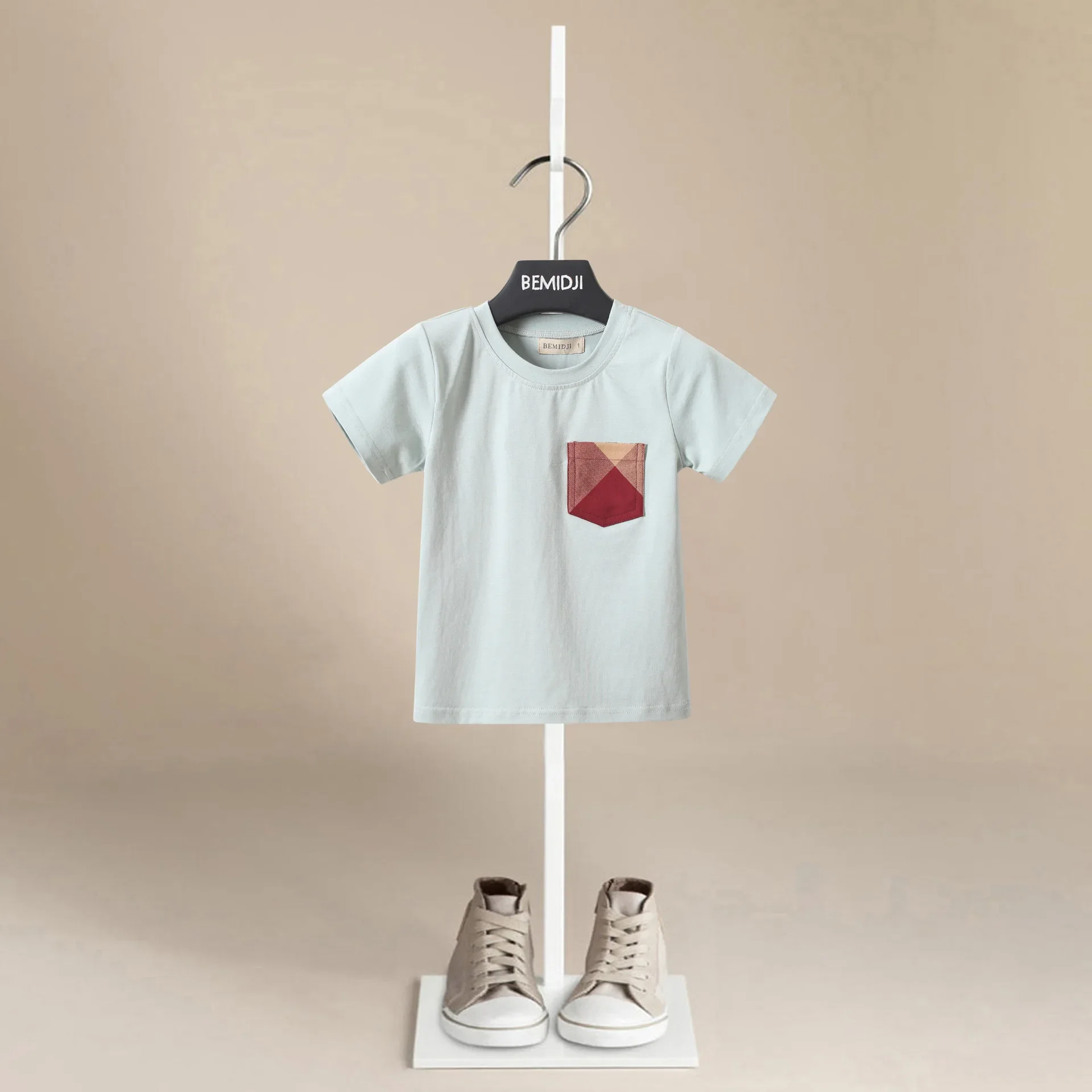 Children Short Sleeve T-shirts Korean Version Kids Clothing Boy Baby Cotton Tees 2-9 Years Summer Chest pocket stripes Tops