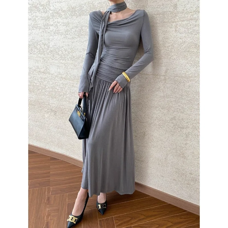 

Cut Sculptural Ribbon Wavy Collar Pleated Waist Dress