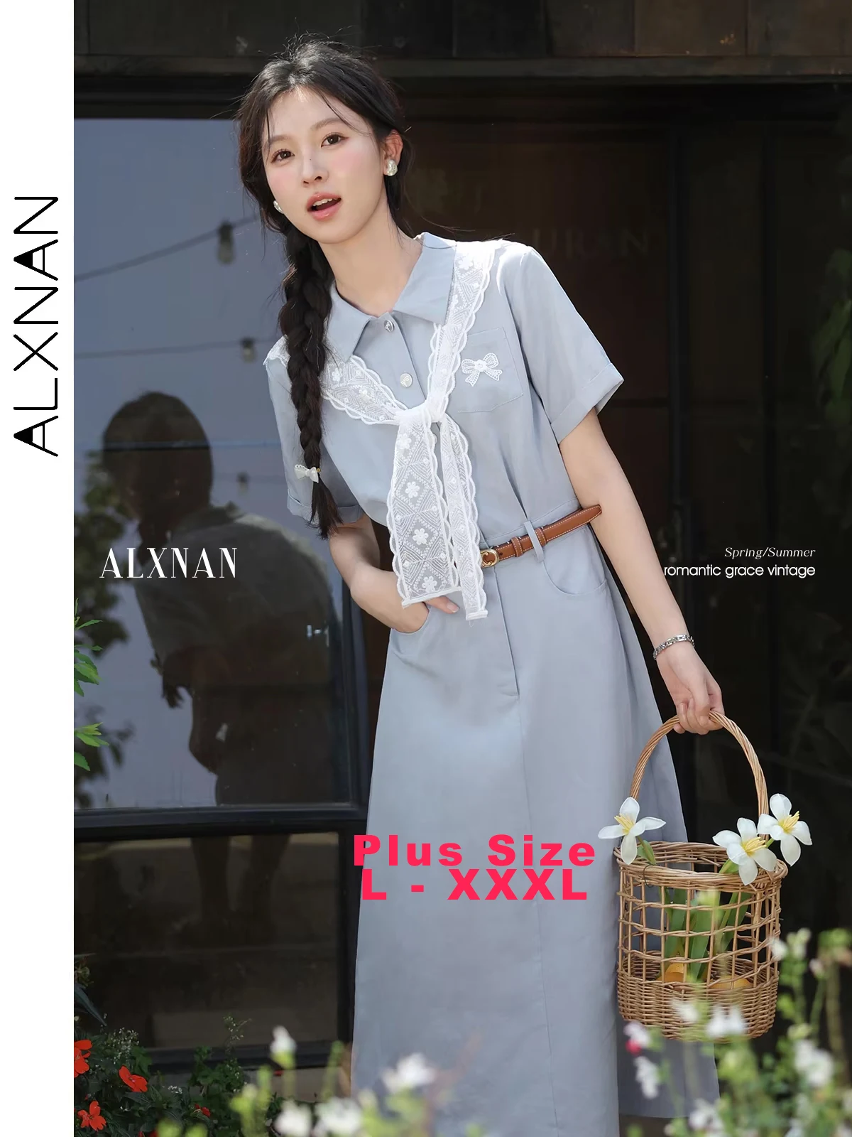 Alxnan plus size vestido azul longo elegante lyocell camisa vestido feminino 2025 renda xale férias roupas casuais das senhoras d10851