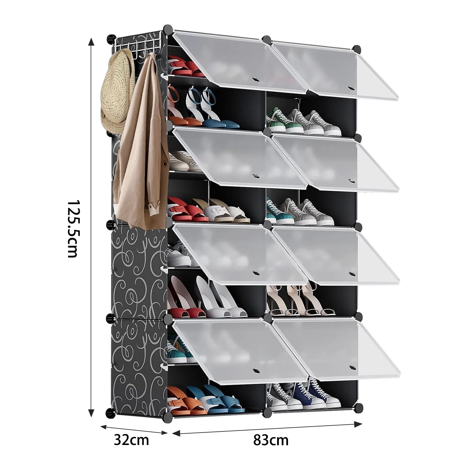 Schoenenopslag, 40 paar, 2 x 10-laags schoenenkast, kast met deur, schoenendozen, voor entree, woonkamer, slaapkamer