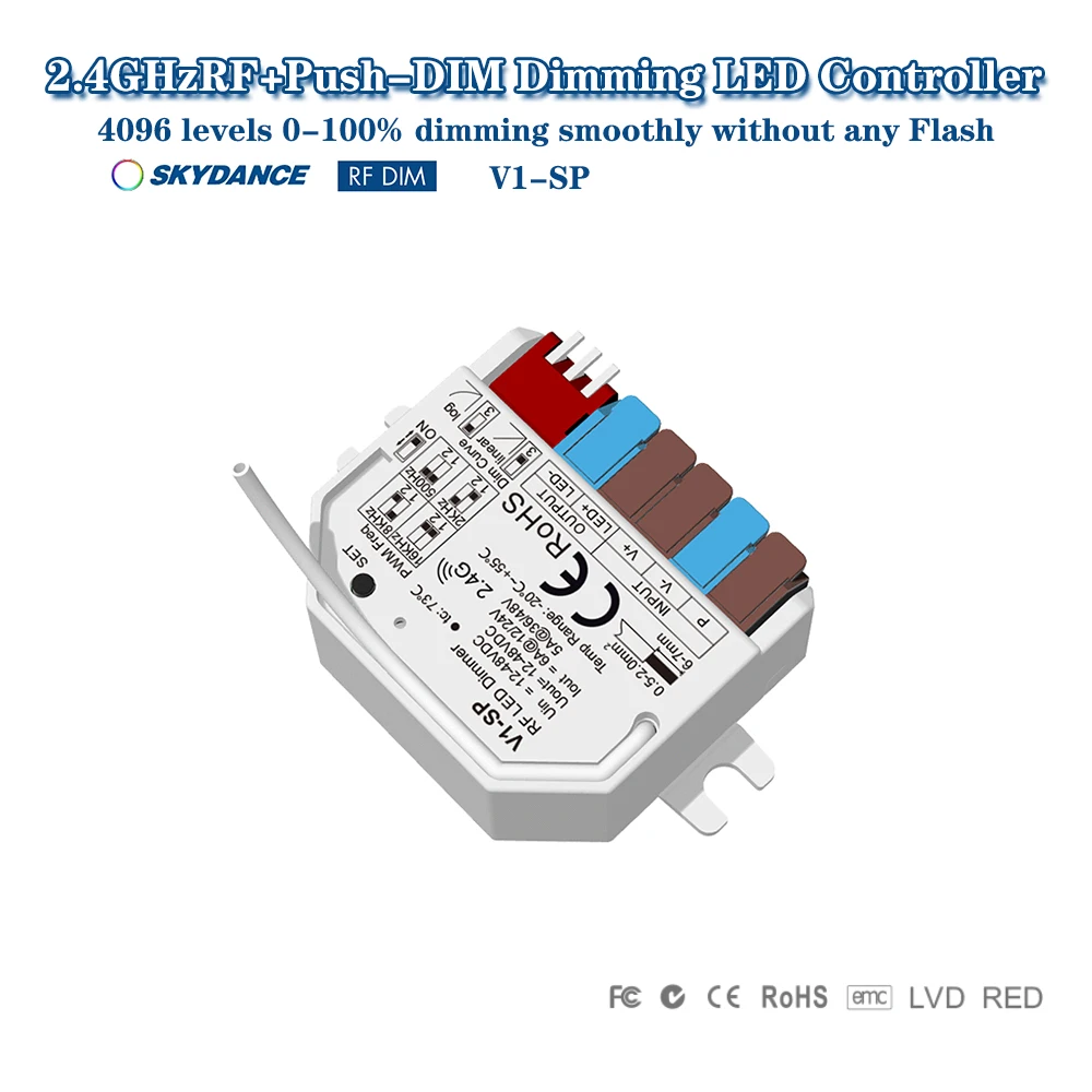 Skydance V1-SP DC12-48V Mini tensione costante 1CH * 6A 2.4GHzRF + Push-DIM Controller dimmer LED monocolore per striscia LED