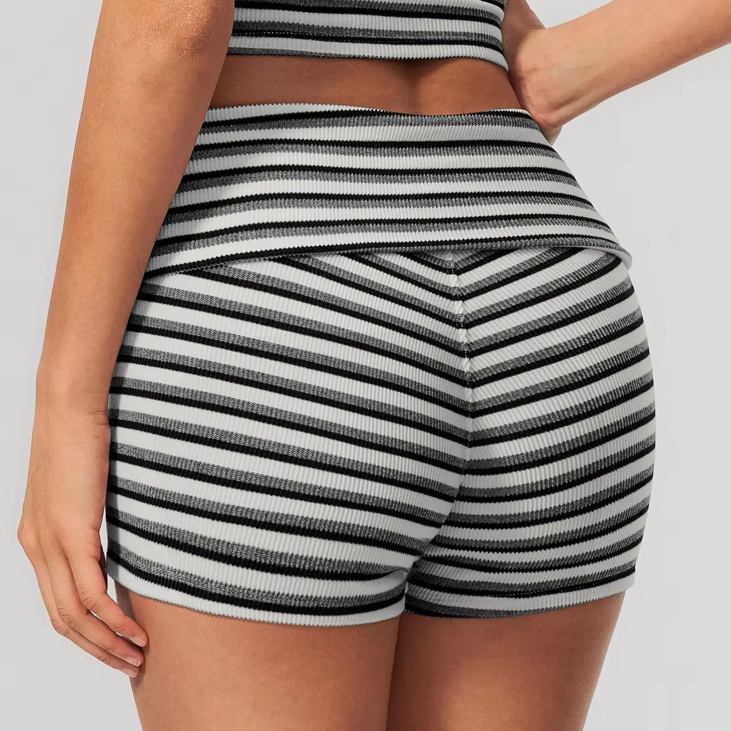 Stripes Yoga Shorts Women Fold Over Waist Gym Fitness Shorts Running Workout Shorts Female Pilates Tights Hip Lifting Yoga Short