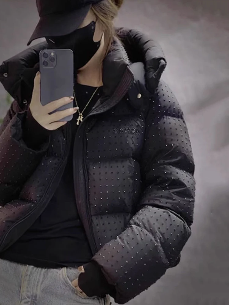 الشتاء قصيرة الماس مقنعين القطن أسفل سترة الإناث سستة الرباط الدافئة باركر أبلى المرأة الأبيض بطة أسفل سترات فضفاضة #2