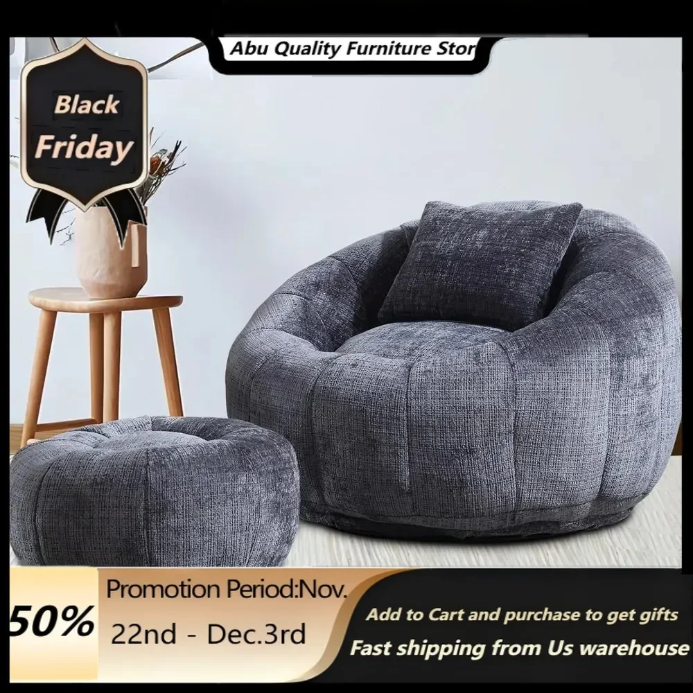 Bean Bag Chair.Modern Giant Bean Bag Chair, Comfy Chenille Bean Bag Couch with Ottoman for Adults, Large Lazy Sofa Accent Chair