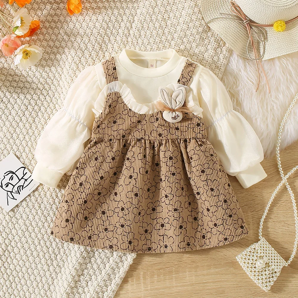 Vestido de manga larga con cuello Halter para niña, traje de encaje decorado con conejo, estampado de flores falsas, novedad de otoño