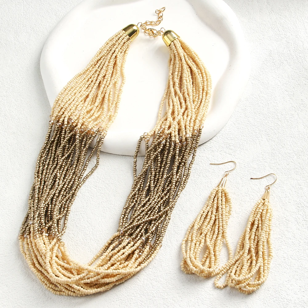 New Western Vintage Bohemian Women Jewelry Multilayer Mixcolor Glass Seed Beads Necklace Tassel Earrings Handmade Jewelry Set