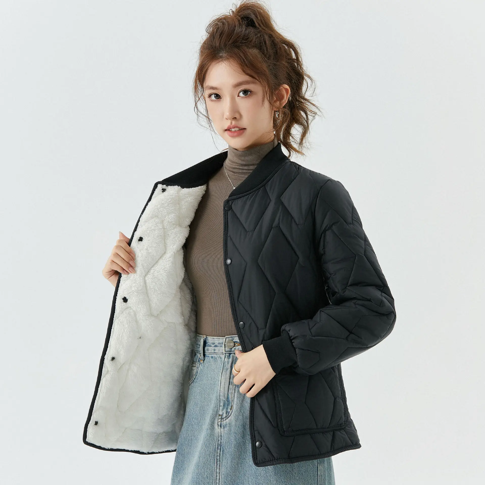 crriflz Women's Winter Warm Cotton Padded Jacket Long Sleeve Fleece Lined Ribbed Collar Couple's Loungewear Coat