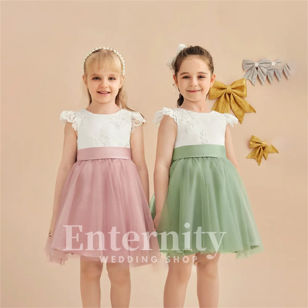 Vestidos de menina personalizados a linha colher pescoço meninas vestidos elegantes na altura do joelho renda tule arco vestidos de casamento para niñas