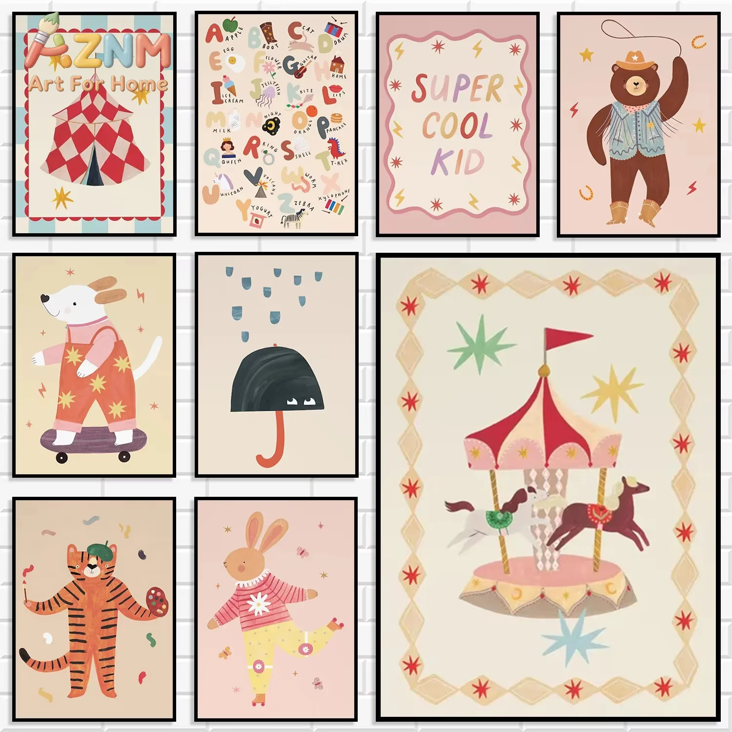 1PC Shower Gift Whimsical Cartoon Circus Canvas Painting Neutral Pastel Bear Tiger Rabbit Alphabet Merry Go Round Wall Decor