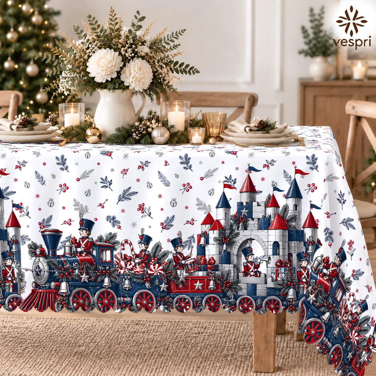 Christmas Tablecloth with Toy Trains & Santa for Indoor/Outdoor Camping decor, Rectangular/Round/Oval