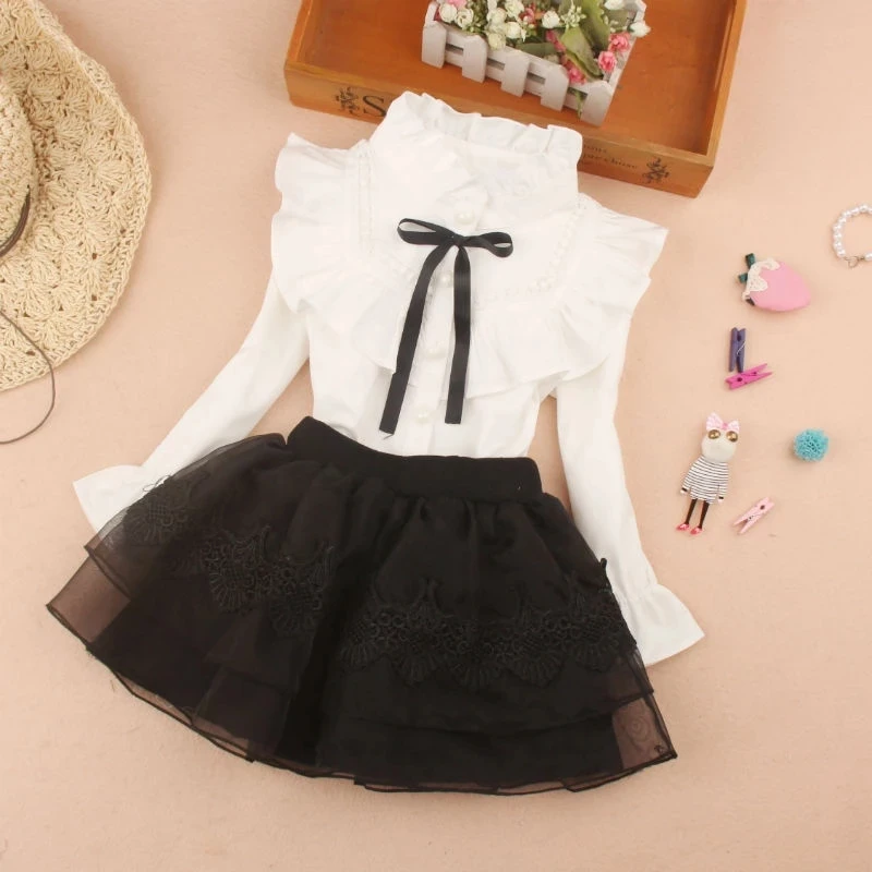 Spring Fall Cotton Ruffles Blouses for Children Teenage School Girls Bow Pure White Shirts Toddler Long Sleeve Tops Baby Clothes