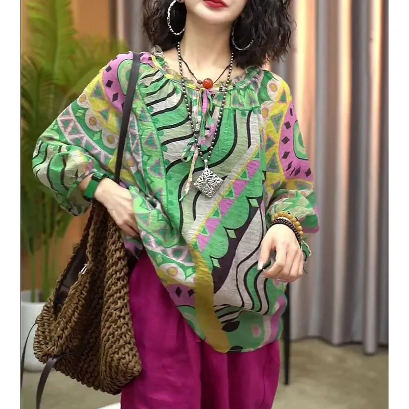 2024 Summer New Pullovers Elegant Vintage Loose Folk Tribal Crew Neck Printed Three Quarter Commuter Tie Up with Chiffon Tops