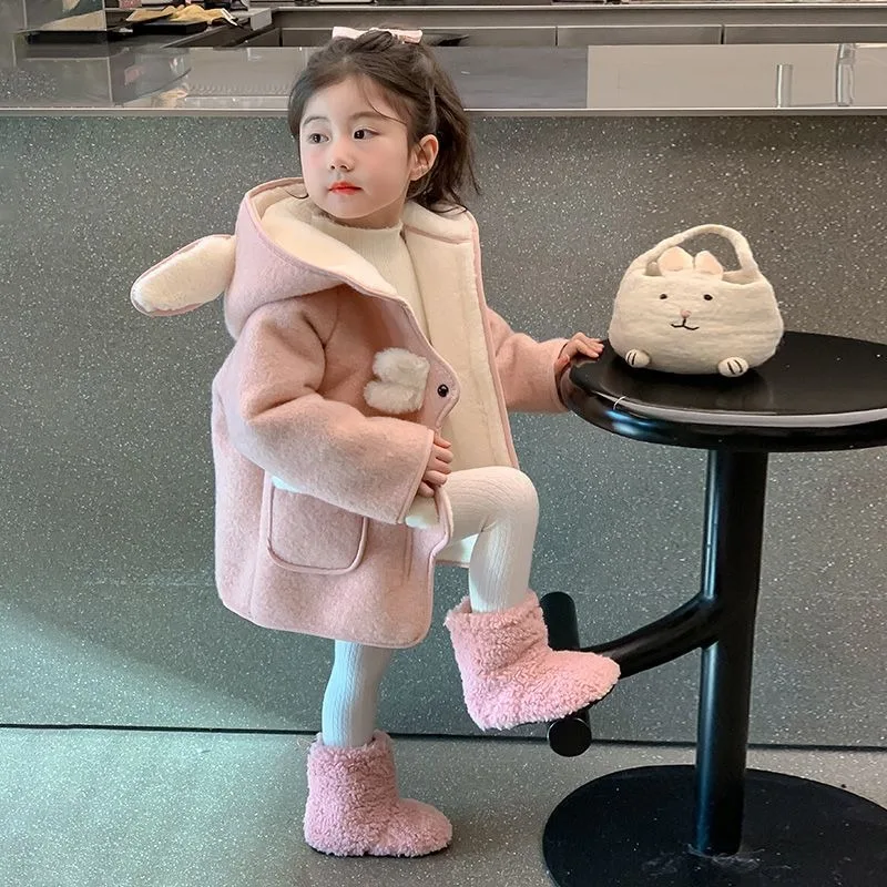 2025 New Girl's Winter Coat Stylish Woolen Princess Coat for Kids Thickened Faux Fur Lined Medium To Large Size Hot Sale