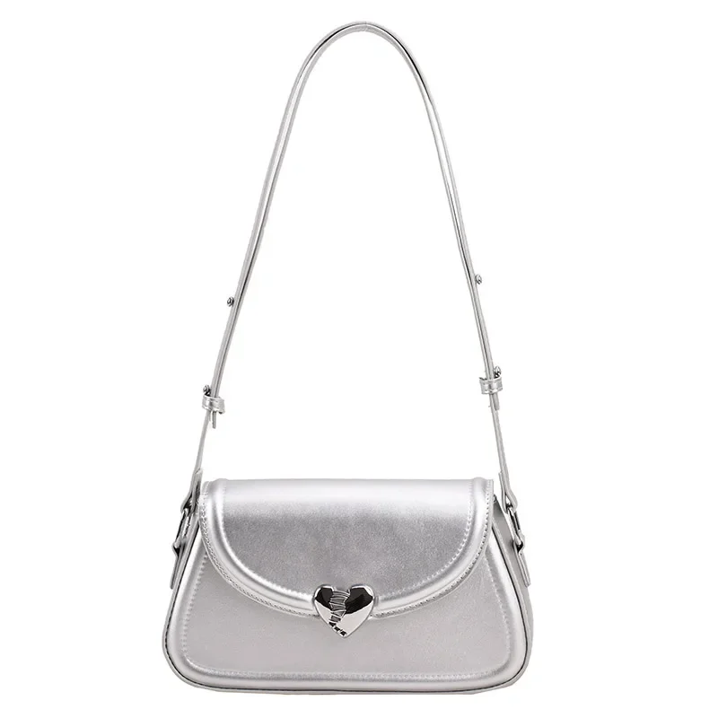 Love Buckle Silver Crossbody Shoulder Bags For Women 2023 Y2K Small Purse PU Leather Luxury Brand Females Underarm Bag Handbags