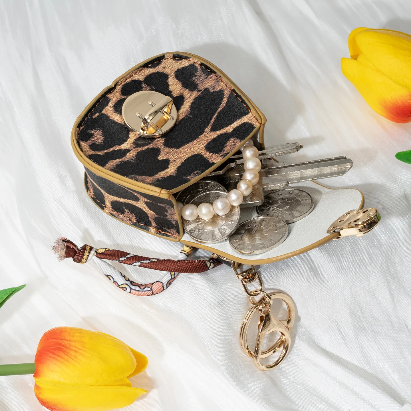 Mini Saddle Faux Leather Keychain Coin Pouch with Silk Scarf, Portable Bag Charm for Women