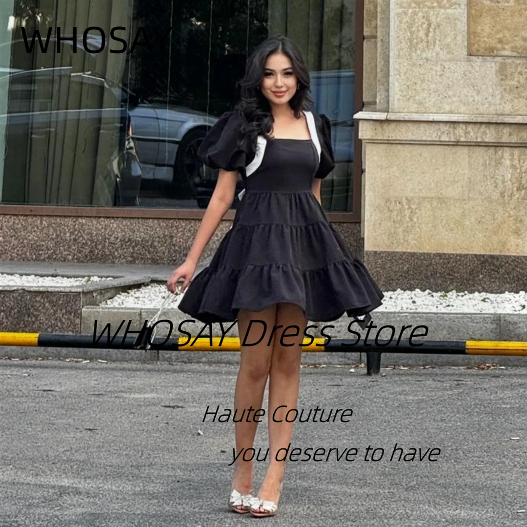 WHOSAY Little Black Mini Prom Dresses Short Sleeves Sexy V Backless Cocktail Dress Square Neck Night Club Party Gowns