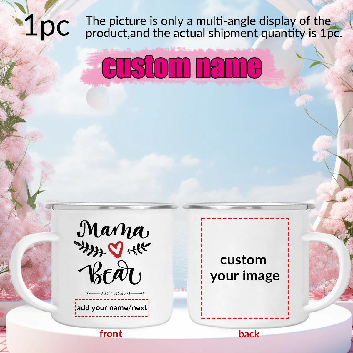 11oz Customized Name Image Print Mama Enamel Cups with Handgrip 1pc White Exquisite Coffee Drink Cups Cold Heat Resistant Mugs