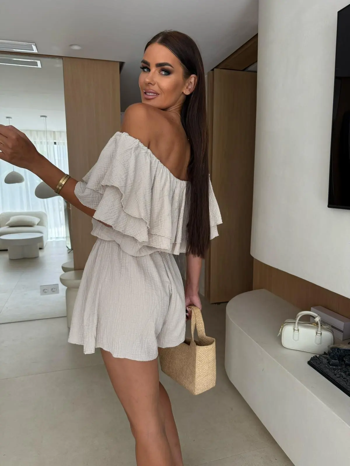 Women Off Shoulder Ruffled Layered Romper Textured Fabric Elastic Waist Short Sleeve Casual Summer Jumpsuit for Beach Vacation a view 4