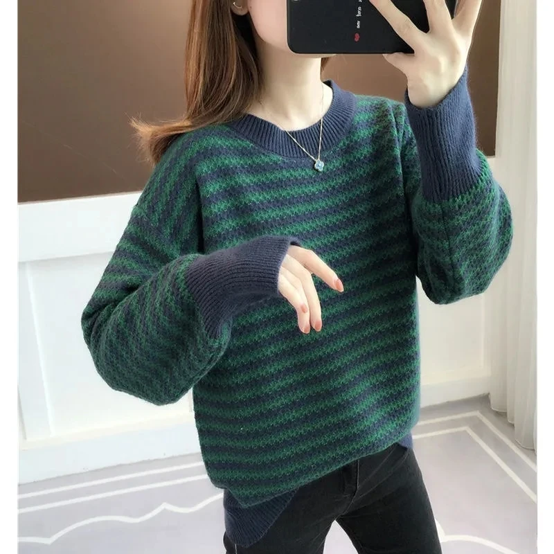

Autumn Winter Women's Sweater Round Neck Short Knitted Splicing Long Sleeve Jumpers Ladies Loose Pullover Thin Fashion Harajuku