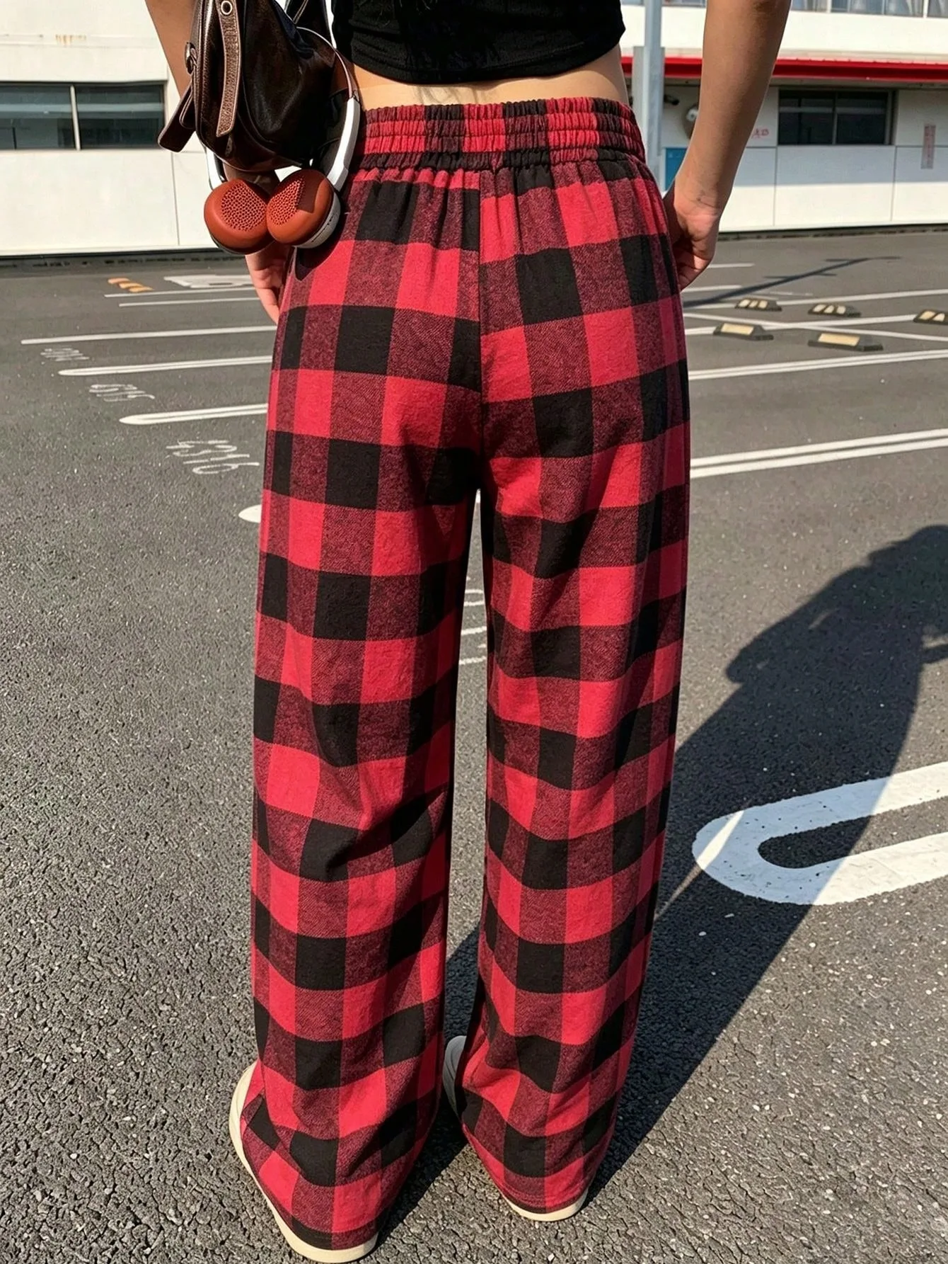 AV Fashion Women's Red Plaid Pants Loose Straight Leg Pants Comfortable Trousers Checkered Printed Casual Long Pants Lady