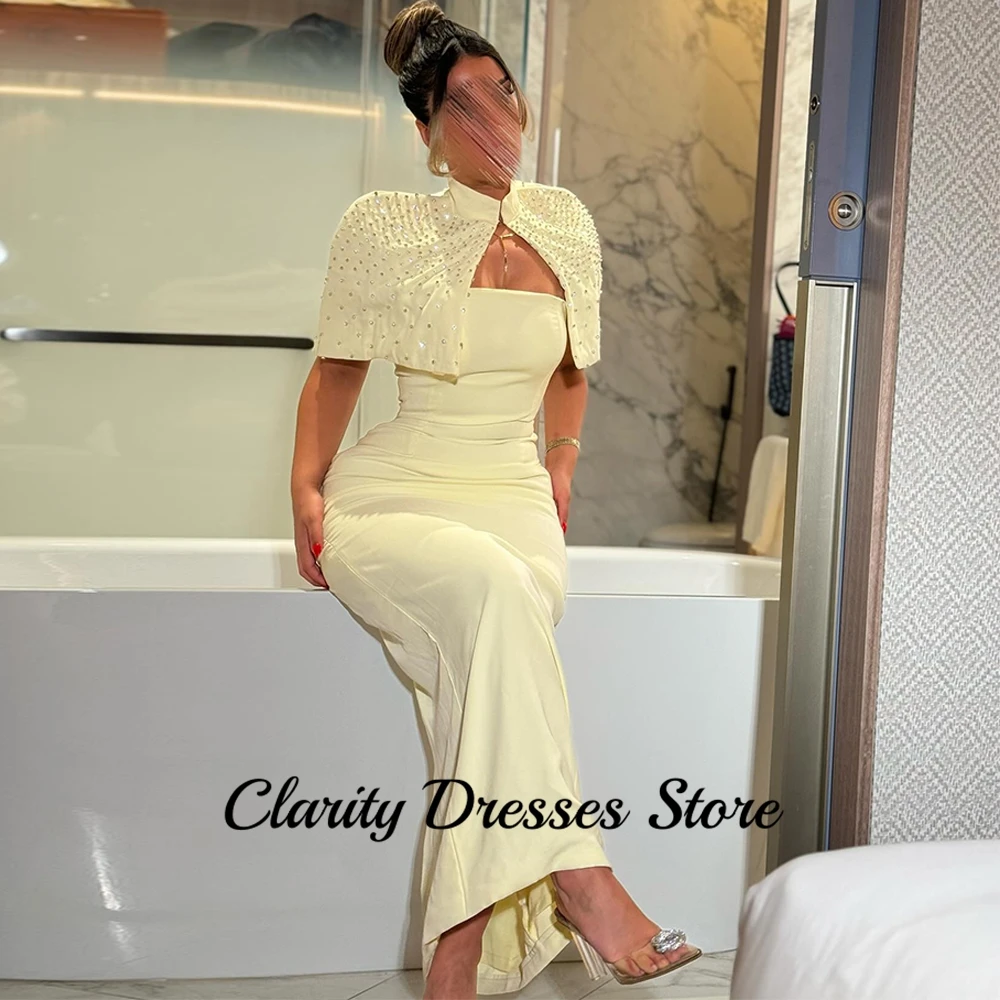 Yellow Soft Jersey Prom Gowns 2025  Luxury Crystal Strapless Homecoming Dresses Customized Back Slit Evening Dress with Shawl