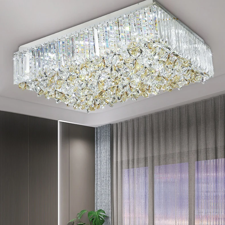 Modern Shining Oblong Crystal Ceiling Lights Fixture American Rectangle Ceiling Lamps European Luxurious Home Indoor Lighting