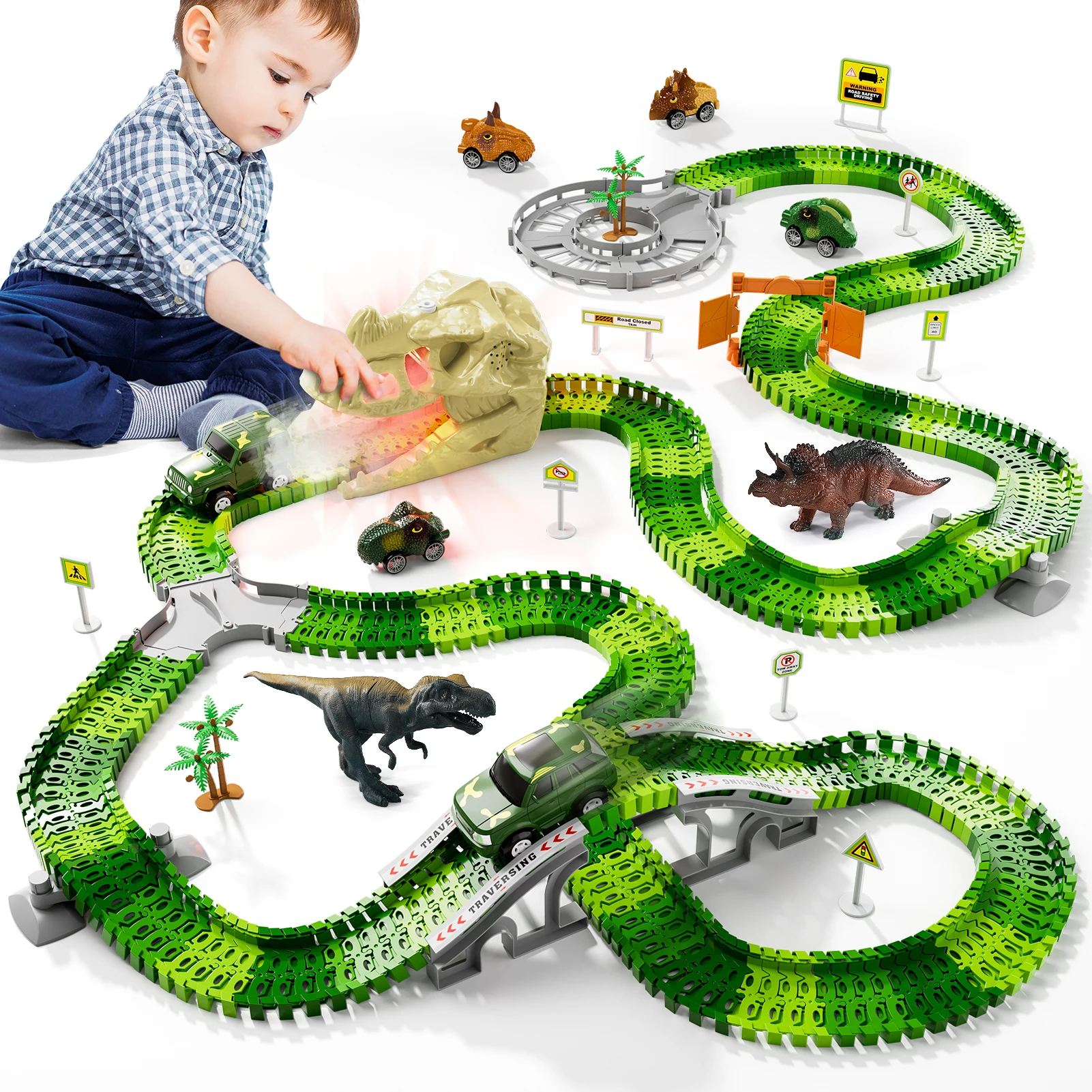 249 PCS Dinosaur Skeleton Rail Car Toys with Sound & Light, Dinosaur Race Car Tracks Diy Engineering for Children as Gifts