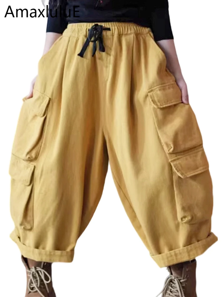 Amax LuluE Design 2026 Spring Womens Loose Casual Harem Pants Ladies Classic Vintage Solid Cotton Elastic Waist Cargo Trousers