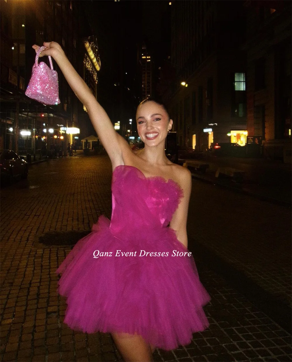 Qanz Modern Fuchsia Short Prom Dresses Tulle Strapless Mini Ruffles Pleat Homecoming Dresses Birthday Dress For Women Customized