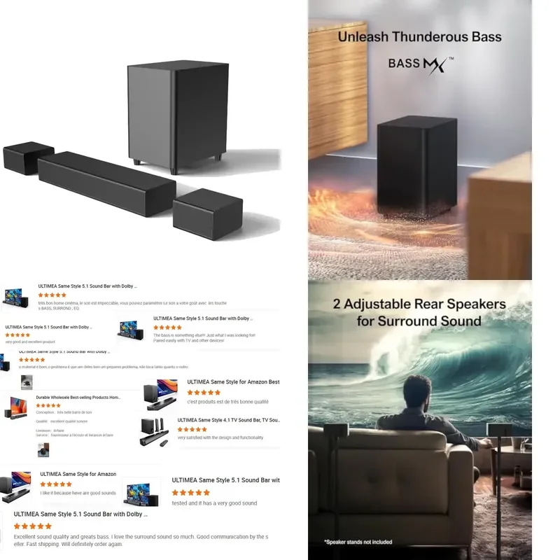 5.1ch Surround Soundbar with 2 Rear Speakers & Wireless Subwoofer, 410W, BT 5.3, ARC, for Home Theater