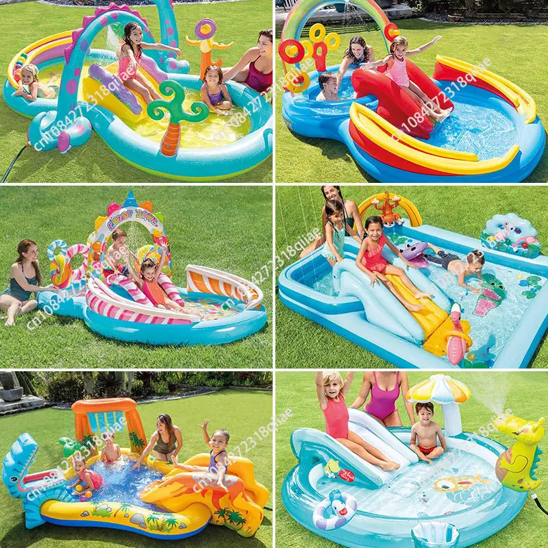 Kids' inflatable water slide & pool combo - inflatable swimming pool with slide, water feature, and indoor ocean ball pit