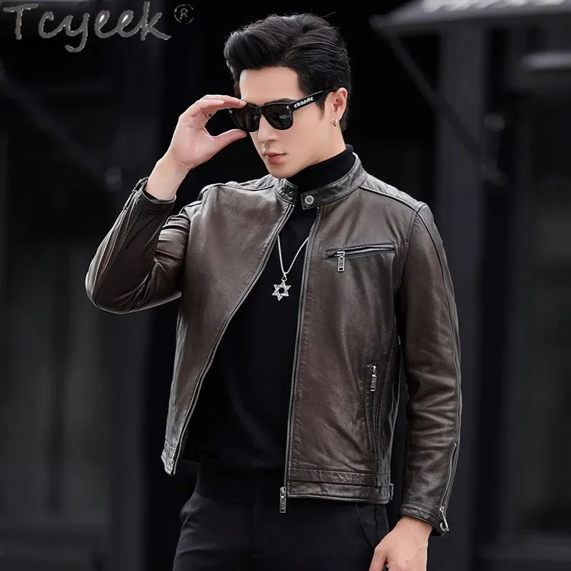 

Tcyeek 100% Sheepskin Coats Genuine Leather Man Jackets Vintage Leather Coat Spring Autumn Clothes Men's Motocycle Jacket 2024