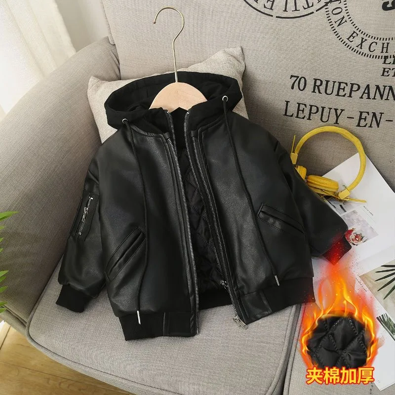 1-8 Year Winter Boys Leather Jacket Thick Warm Cotton Kids Coat New Fashion Waterproof Zipper Hooded Children Outerwear Clothing