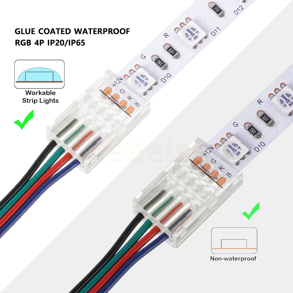 8/10 mm RGB LED Flexible Strip Quick Connectors 4 Pin Extension Cable 16.4 Feet Wire Strip Lights Solderless LED Strip Connector