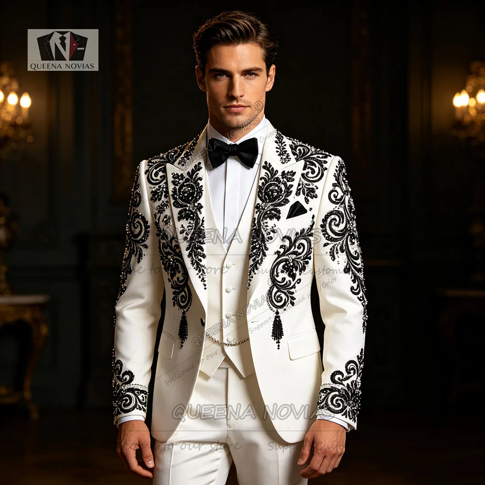 Luxury Black Diamond Beaded Wedding Tuxedo Suit Single Breasted Prom Blazer Vest Pants 3 Piece Sets Man Business Party Clothing