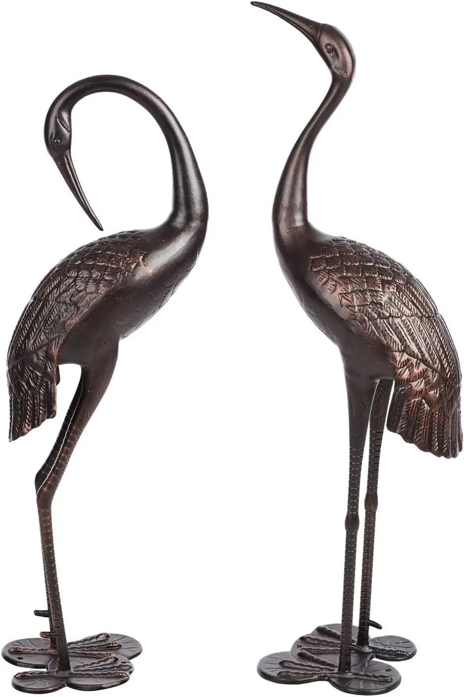 Heavy Duty Garden Crane Pair Statue - Upright and Preening Heron Couple Metal Sculpture Set, Antique Bronze (12 lbs. Each Crane)