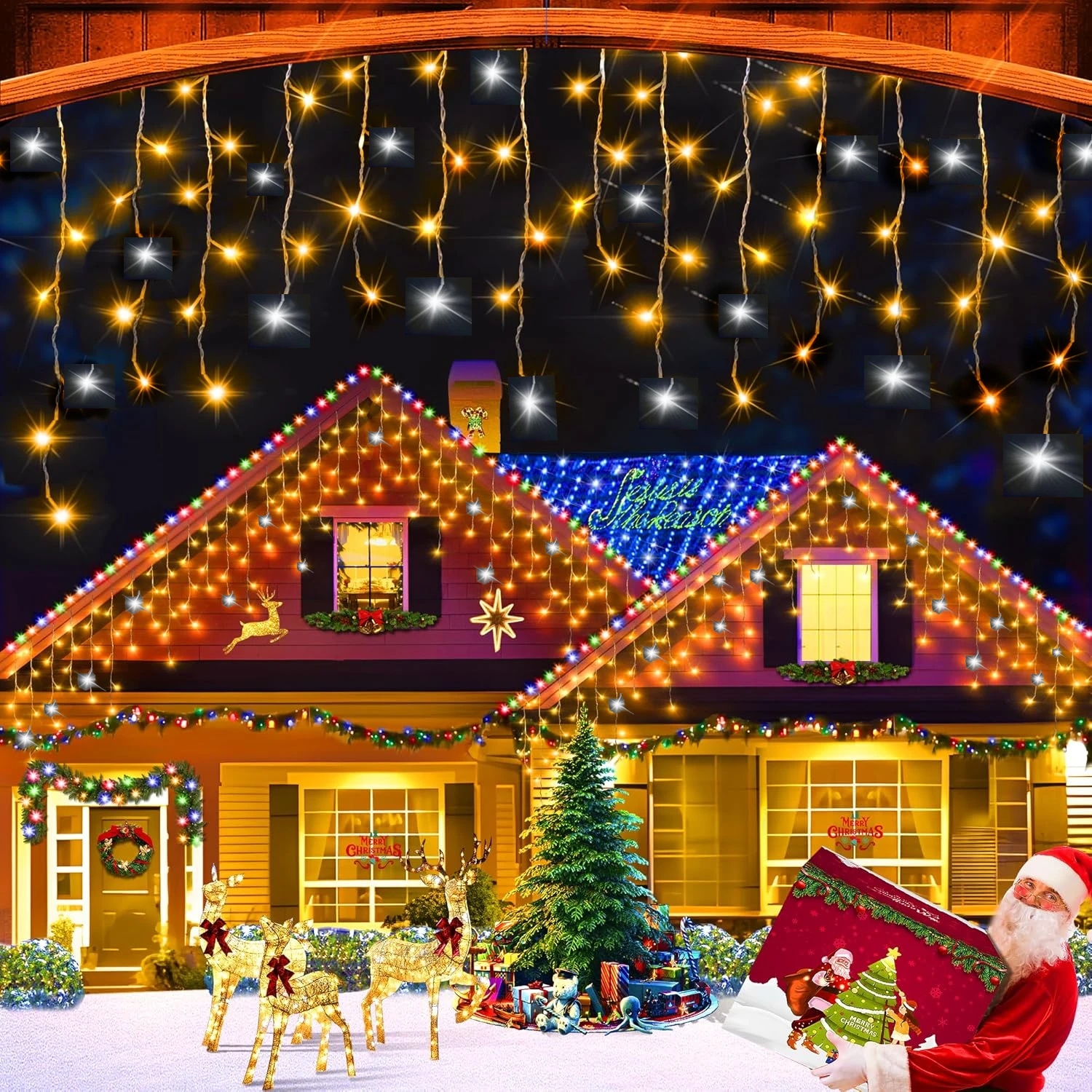 Christmas Festoon Led Icicle Curtain Lights Outdoor 4M(W)*0.6M(H) White Flash Fairy String Light Clear Wire New Year Decorations