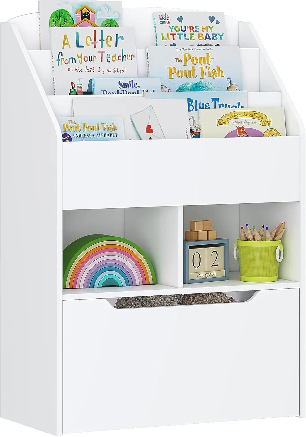 Kids Bookshelf with Movable Toy Box, Montessori Book Display and Storage for Toddler Room, White