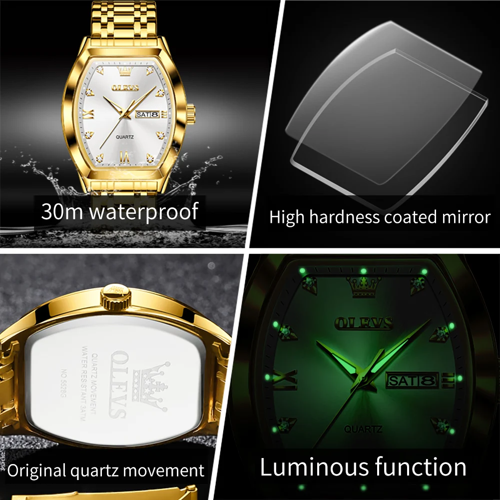 OLEVS TOP Brand Quartz Watch for Men Luxury Diamond Elegant Stainless steel Tonneau Dial Waterproof Luminous Men Wristwatch 5528