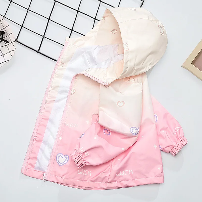 2026 Waterproof Stain-Resistant Coats Children Cute Print Hooded Zipper Jacket Versatile Outerwear Girls Spring Autumn Clothes