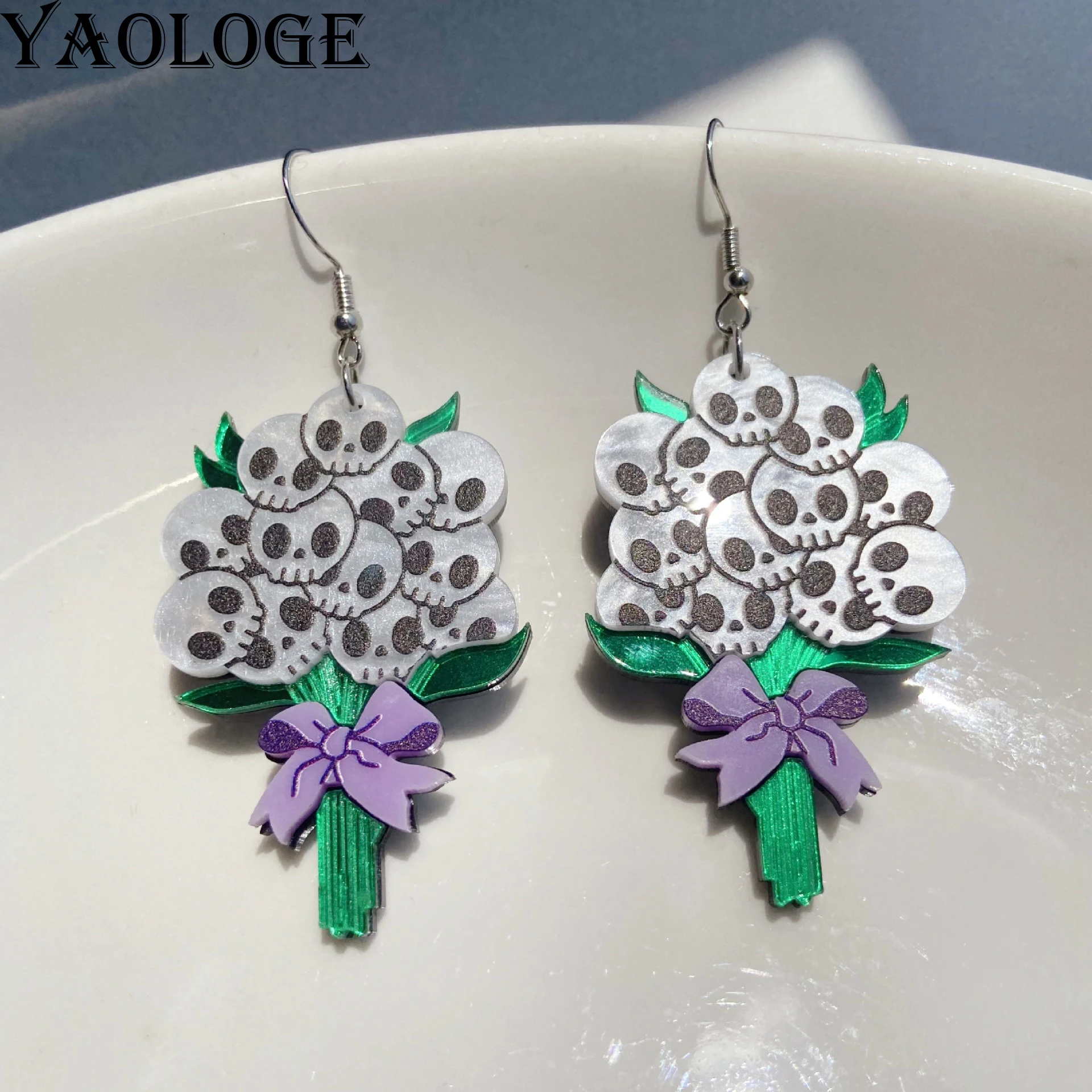 Pendientes Acrílico Ramo Calavera Lazo Halloween