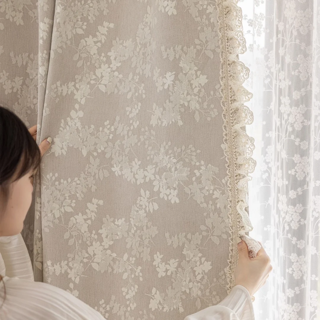 French Vintage Floral Jacquard Curtain Lace Ruffle Edge, Cream Grey Botanical Pattern Light Filtering Window Curtains Home Decor