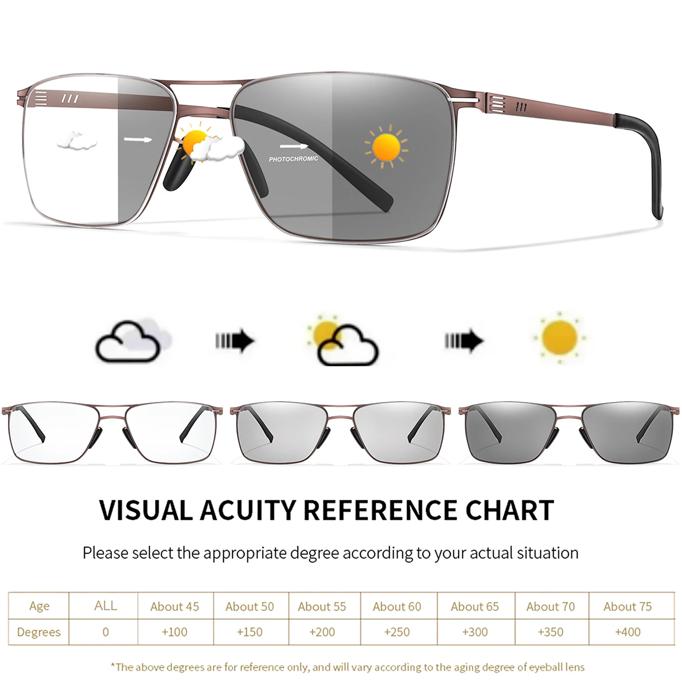Fashion Photochromic Reading Glasses Vintage Rectangular Metal-Frame Eyeglasses Presbyopic Glasses daily wear
