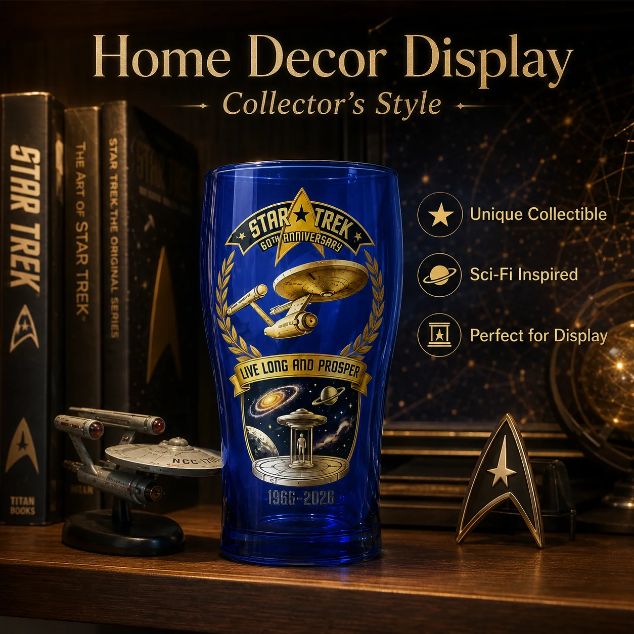 Star Trek Inspired 60 Year Commemorative Blue Beer Glass Enterprise Starship Waterproof Sticker Pub Tumbler Sci-Fi Fan Home Bar