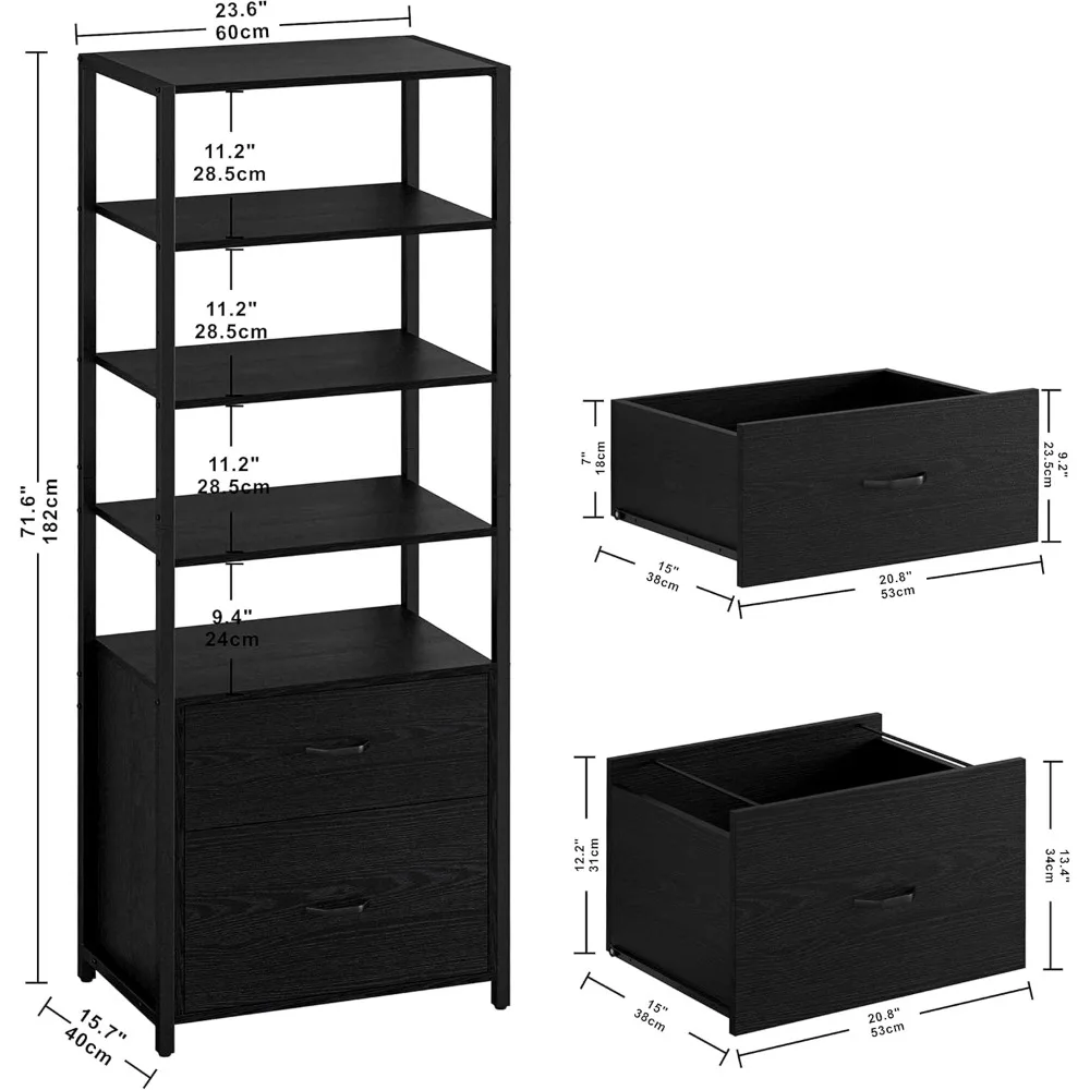 رف كتب صناعي قائم بذاته مكون من 5 طبقات مع أدراج خزانة ملفات، بطول 71.6 بوصة لتخزين المكاتب المنزلية