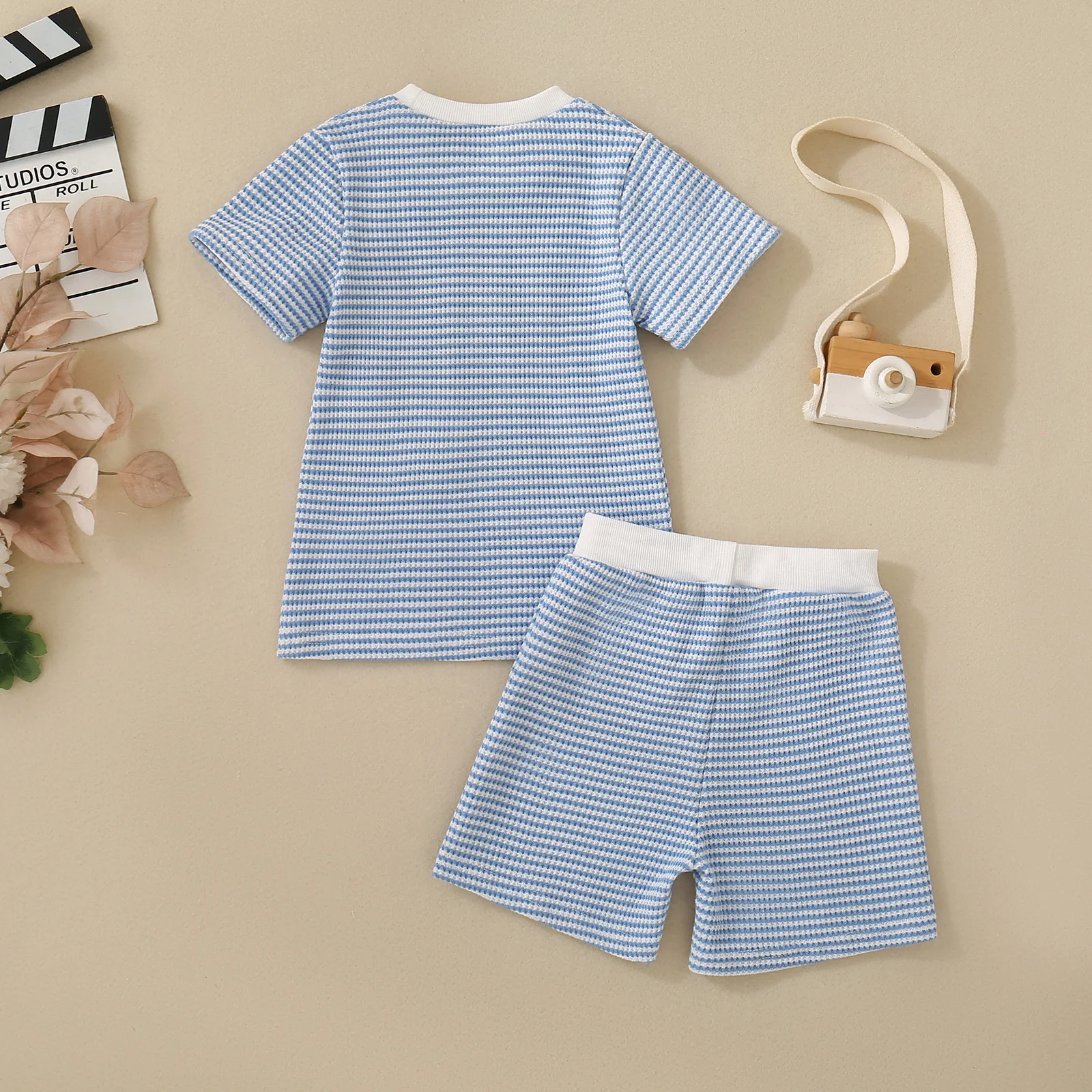 Summer Neutral Infant Blue Digital Two Embroidered Short Sleeve Top T-Shirt and Shorts Two-piece Birthday Set