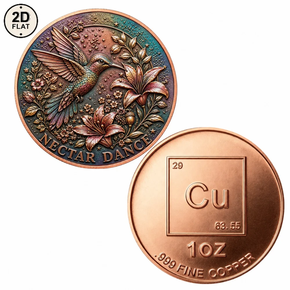 1pc Nectar Dance Hummingbird Challenge Coin 1oz .999 Fine Copper UV Print Commemorative Medal Lily Flower Wildlife Souvenir Gift