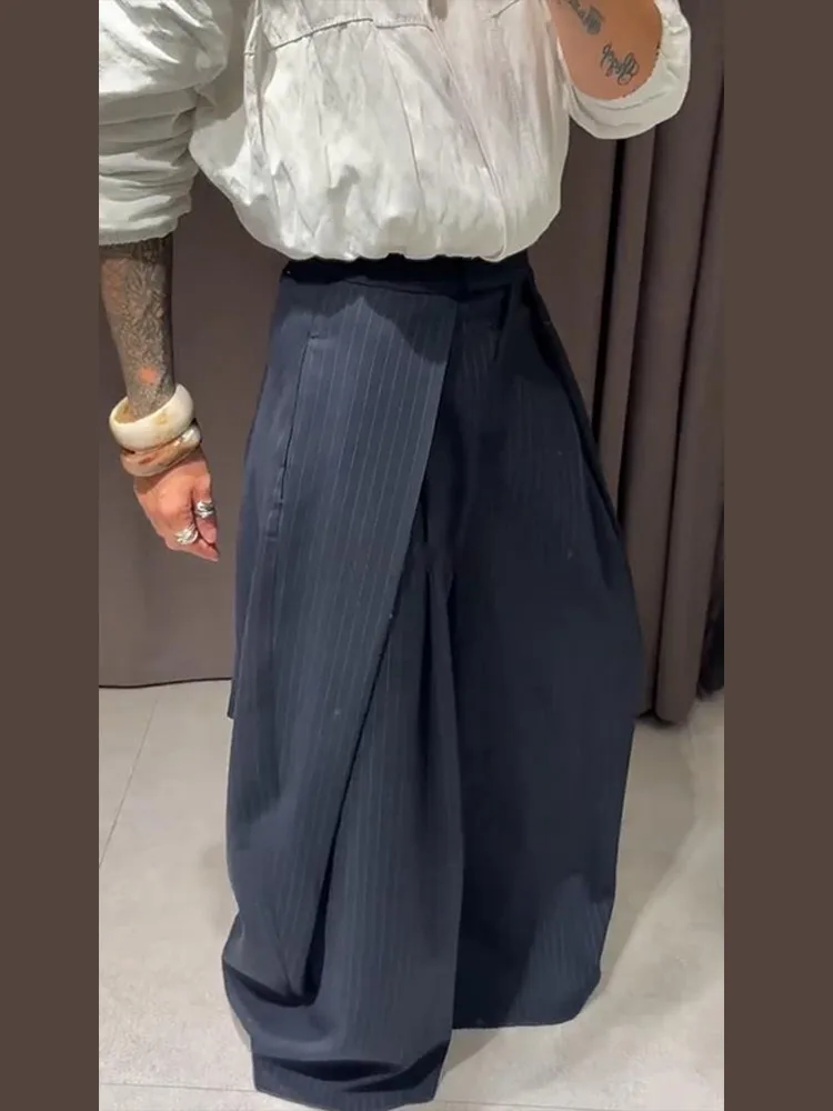 Fashion Street Stripe High Waist Pants Women Loose Wide Leg Pockets Patchwork Trousers Female 2026 Autumn Bottom Lady New