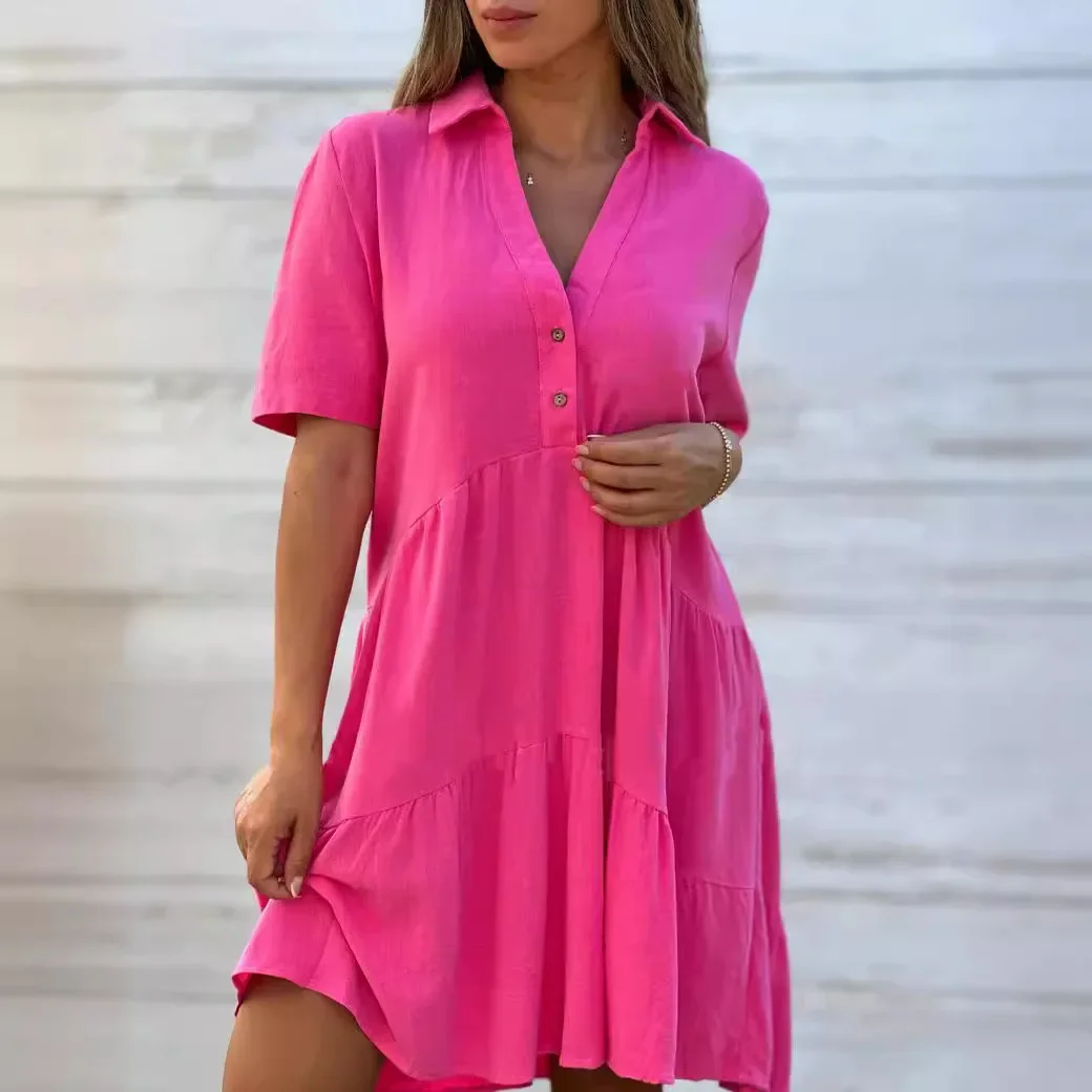 Women Solid Color Mini Dress Short Sleeve Button V Neck Loose Fashion Summer Dress